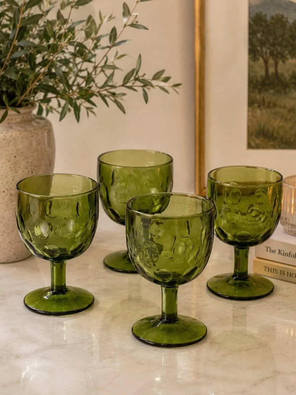 Vintage Bartlett Collin 1970s Avocado Green Thumbprint Goblets –Coin Dot Glasses